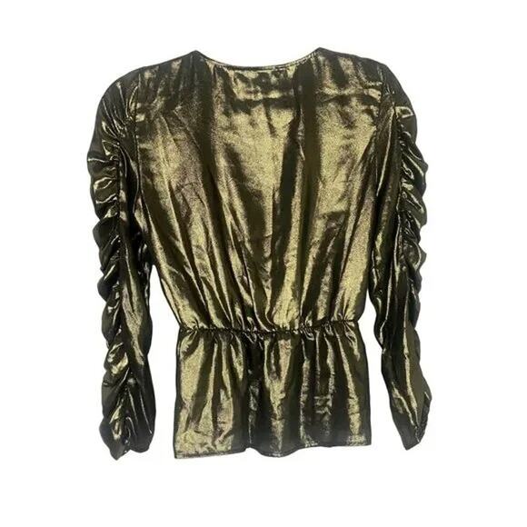 ZARA Metallic V Neck Ruched Long Sleeve Top Elastic Waist Lightweight S Gold - Picture 15 of 15